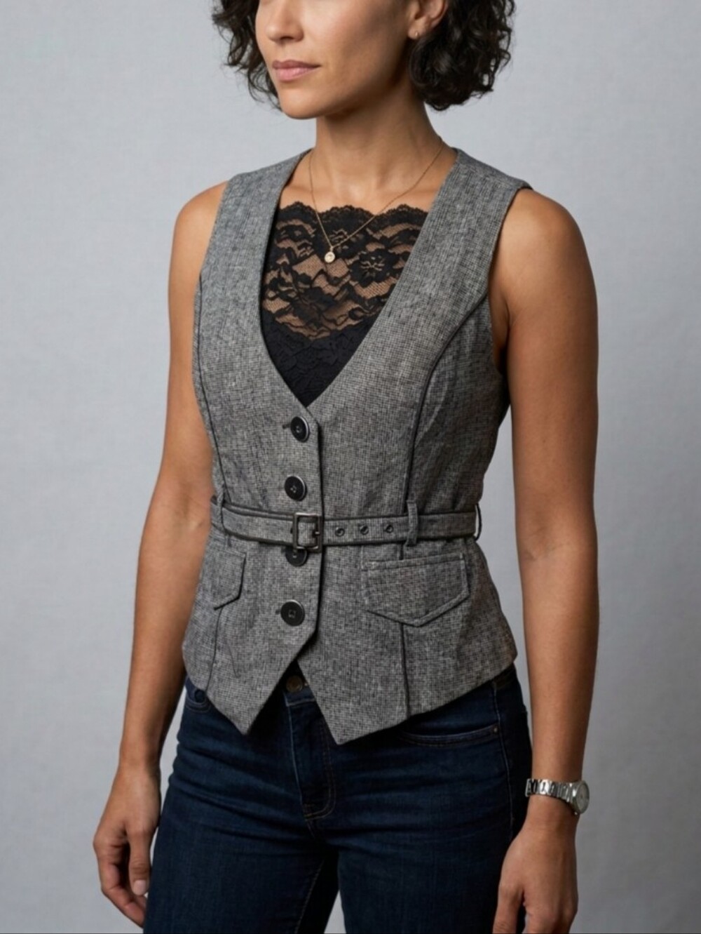 Vintage Gray Linen Blend Tailored Button-Front Waistcoat Vest with Belt Size L